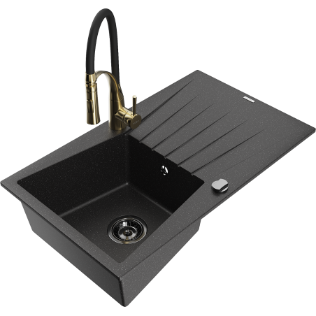 Mexen Cesar Granitspüle 1-Becken mit Abtropffläche und Küchenarmatur Aster, schwarz/silber Metallic - 6514-73-73450-57-B