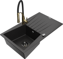 Mexen Cesar 1-Becken Granitspüle mit Abtropffläche und Küchenarmatur Aster, schwarz/silber-metallisch - 6514-73-73450-57-B