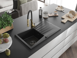 Mexen Cesar 1-Becken Granitspüle mit Abtropffläche und Küchenarmatur Aster, schwarz/silber-metallisch - 6514-73-73450-57-B
