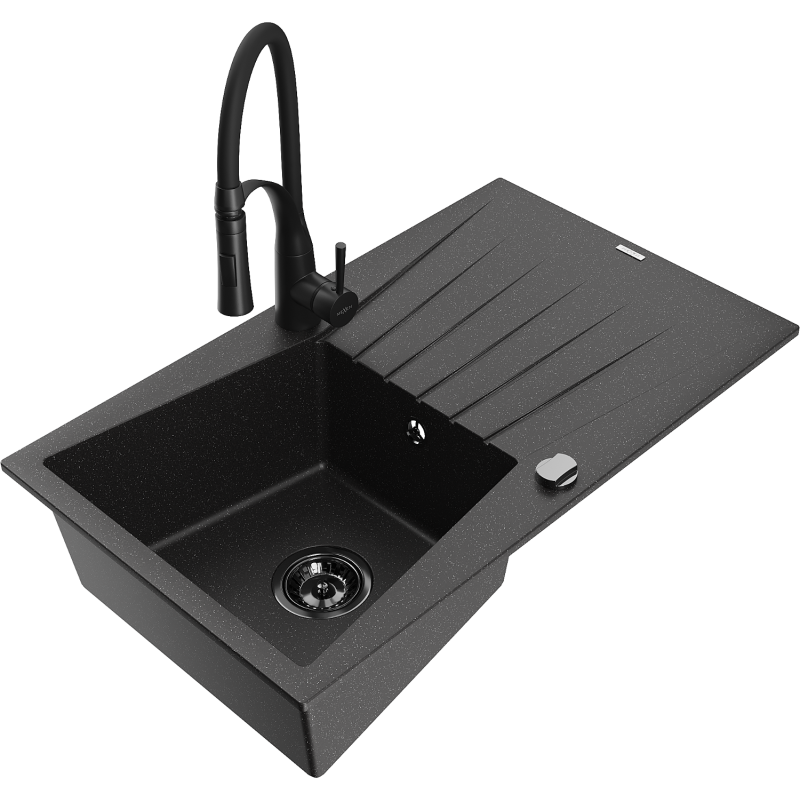 Mexen Cesar Granitspüle 1-beckig mit Abtropffläche und Küchenarmatur Aster, schwarz/silber Metallic - 6514-73-73450-70-B