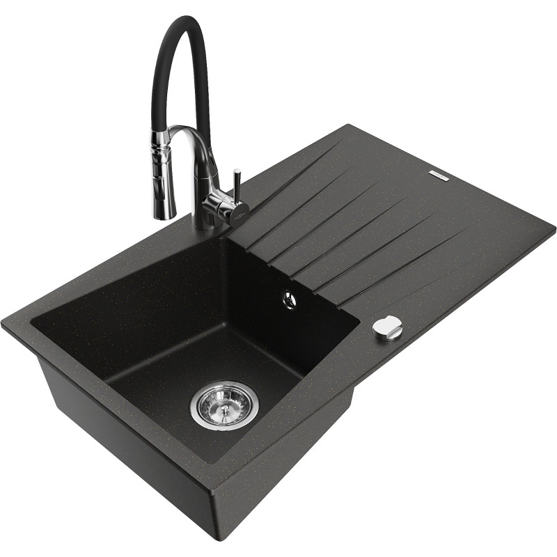 Mexen Cesar Granitspüle 1-becken mit Abtropffläche und Küchenarmatur Aster, schwarz/gold metallisch - 6514-75-73450-07
