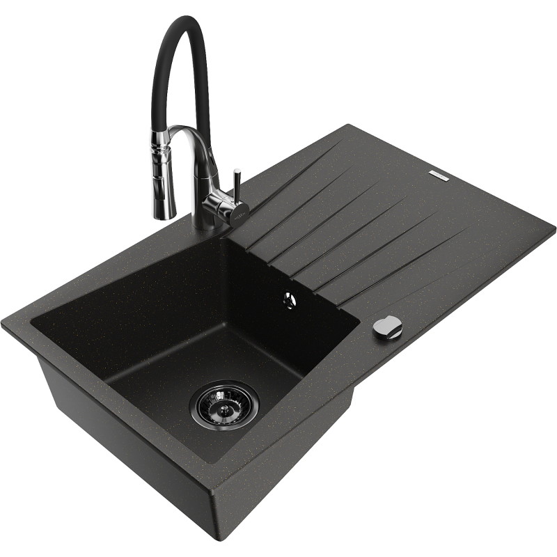 Mexen Cesar Granitspüle 1-Becken mit Abtropffläche und Küchenarmatur Aster, schwarz/gold metallic - 6514-75-73450-07-B