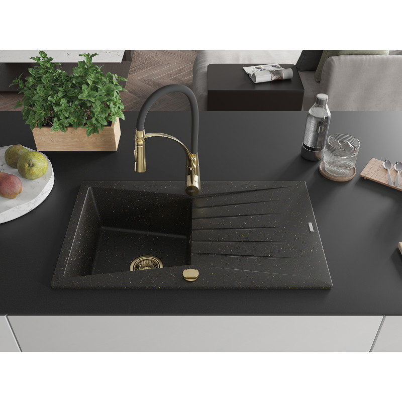 Mexen Cesar Granitspüle 1-beckig mit Abtropffläche und Küchenarmatur Aster, Schwarz/Gold Metallic - 6514-75-73450-57-G