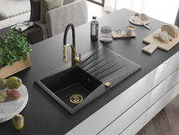 Mexen Cesar Granitspüle 1-beckig mit Abtropffläche und Küchenarmatur Aster, Schwarz/Gold Metallic - 6514-75-73450-57-G