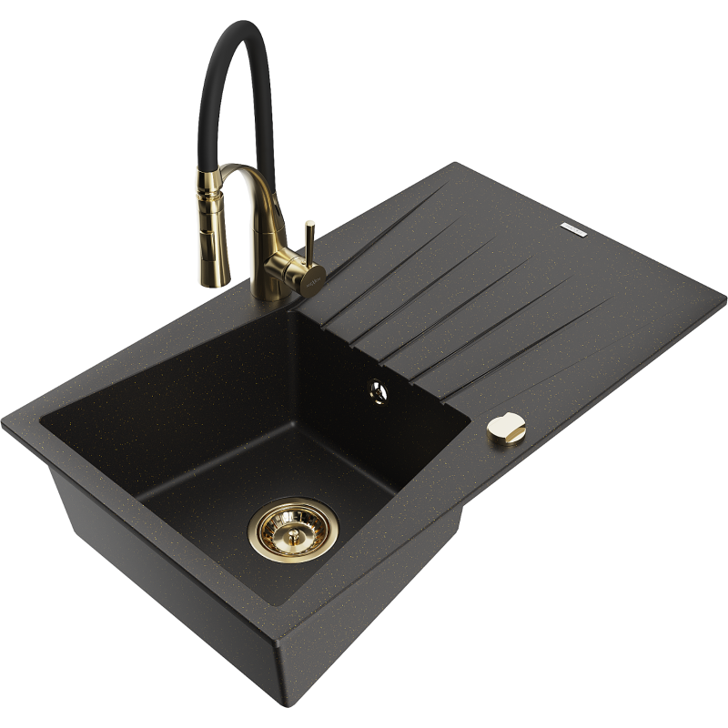 Mexen Cesar Granitspüle 1-beckig mit Abtropffläche und Küchenarmatur Aster, Schwarz/Gold Metallic - 6514-75-73450-57-G