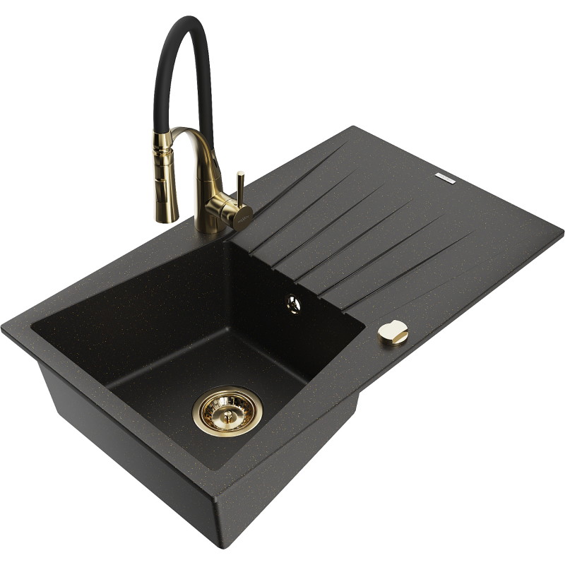 Mexen Cesar Granitspüle 1-Kammer mit Abtropfbereich und Küchenarmatur Aster, schwarz/gold metallic - 6514-75-73450-57-G