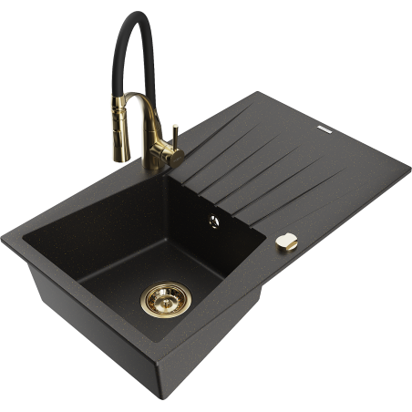 Mexen Cesar Granitspüle 1-beckig mit Abtropffläche und Küchenarmatur Aster, Schwarz/Gold Metallic - 6514-75-73450-57-G