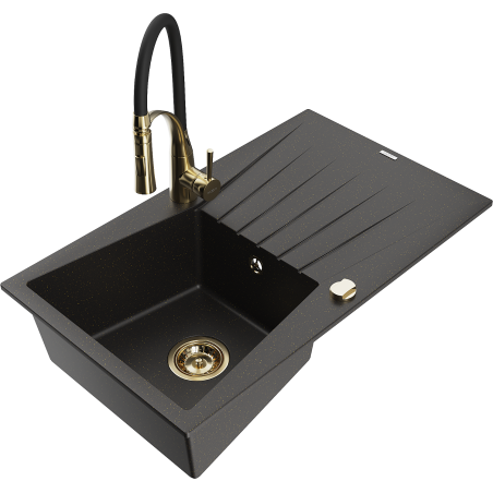 Mexen Cesar Granitspüle 1-Kammer mit Abtropfbereich und Küchenarmatur Aster, schwarz/gold metallic - 6514-75-73450-57-G