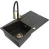 Mexen Cesar Granitspüle 1-beckig mit Abtropffläche und Küchenarmatur Aster, Schwarz/Gold Metallic - 6514-75-73450-57-G