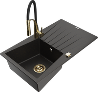 Mexen Cesar Granitspüle 1-beckig mit Abtropffläche und Küchenarmatur Aster, Schwarz/Gold Metallic - 6514-75-73450-57-G