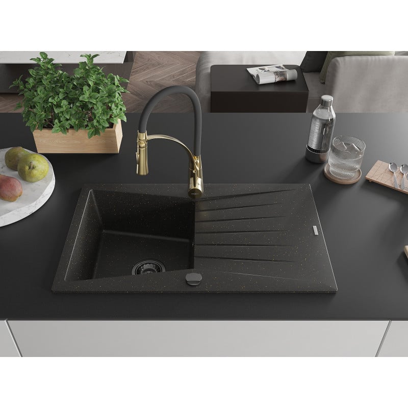 Mexen Cesar Granitspüle 1-Becken mit Abtropffläche und Küchenarmatur Aster, schwarz/gold metallic - 6514-75-73450-57-B