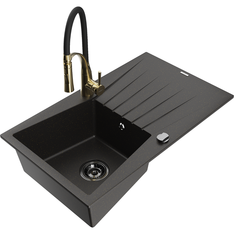 Mexen Cesar Granitspüle 1-Becken mit Abtropffläche und Küchenarmatur Aster, schwarz/gold metallic - 6514-75-73450-57-B