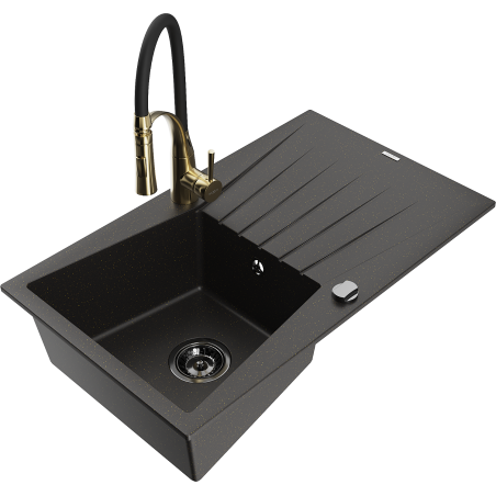 Mexen Cesar Granitspüle 1-Becken mit Abtropffläche und Küchenarmatur Aster, schwarz/gold metallic - 6514-75-73450-57-B
