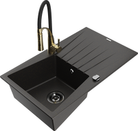 Mexen Cesar Granitspüle 1-Becken mit Abtropffläche und Küchenarmatur Aster, schwarz/gold metallic - 6514-75-73450-57-B