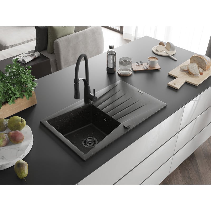 Mexen Cesar Granitspüle 1-Becken mit Abtropffläche und Küchenarmatur Aster, schwarz/goldener Metallic - 6514-75-73450-70-B