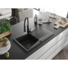Mexen Cesar Granitspüle 1-Becken mit Abtropffläche und Küchenarmatur Aster, schwarz/goldener Metallic - 6514-75-73450-70-B