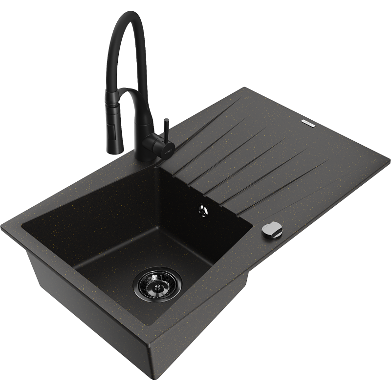 Mexen Cesar Granitspüle 1-Becken mit Abtropffläche und Küchenarmatur Aster, schwarz/goldener Metallic - 6514-75-73450-70-B
