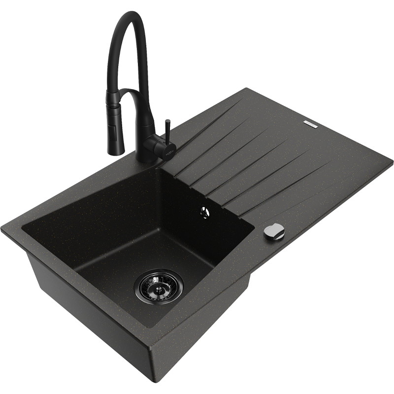 Mexen Cesar Granitspüle 1-beckig mit Abtropffläche und Küchenarmatur Aster, schwarz/gold metallic - 6514-75-73450-70-B