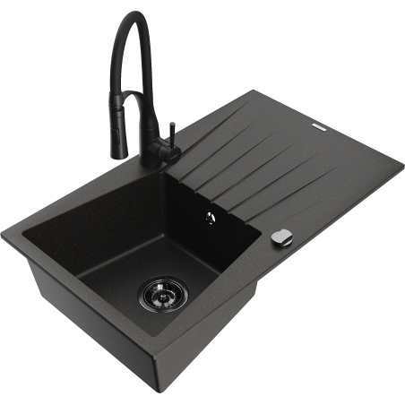 Mexen Cesar Granitspüle 1-Becken mit Abtropffläche und Küchenarmatur Aster, schwarz/goldener Metallic - 6514-75-73450-70-B