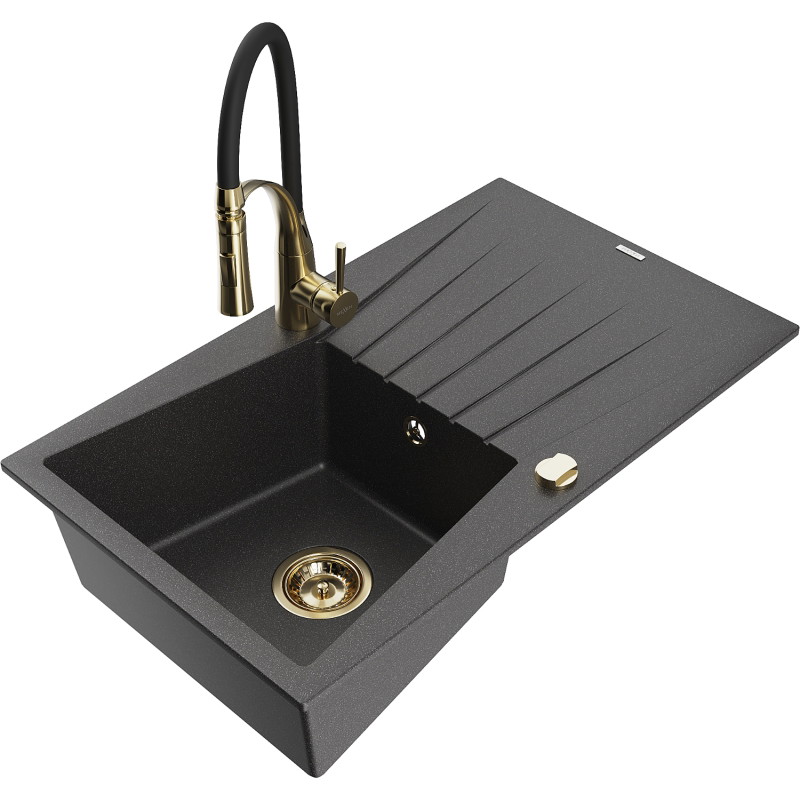 Mexen Cesar Granit-Spüle 1-Becken mit Abtropffläche und Küchenarmatur Aster, schwarz gesprenkelt - 6514-76-73450-57-G