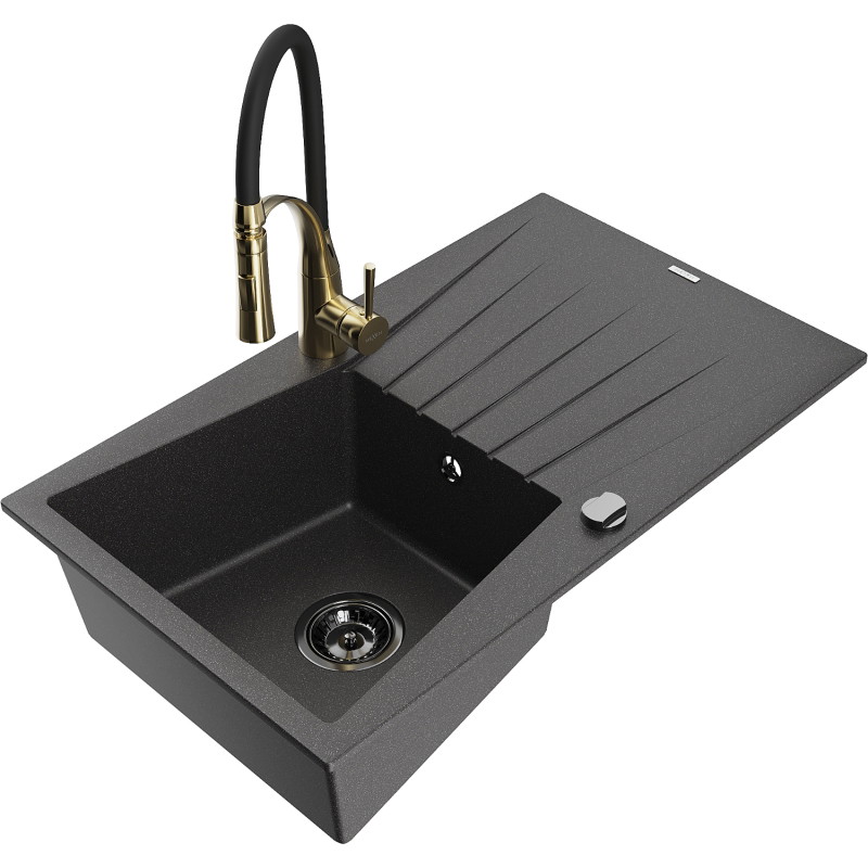 Mexen Cesar 1-Becken Granitspüle mit Abtropffläche und Küchenarmatur Aster, gesprenkeltes Schwarz - 6514-76-73450-57-B