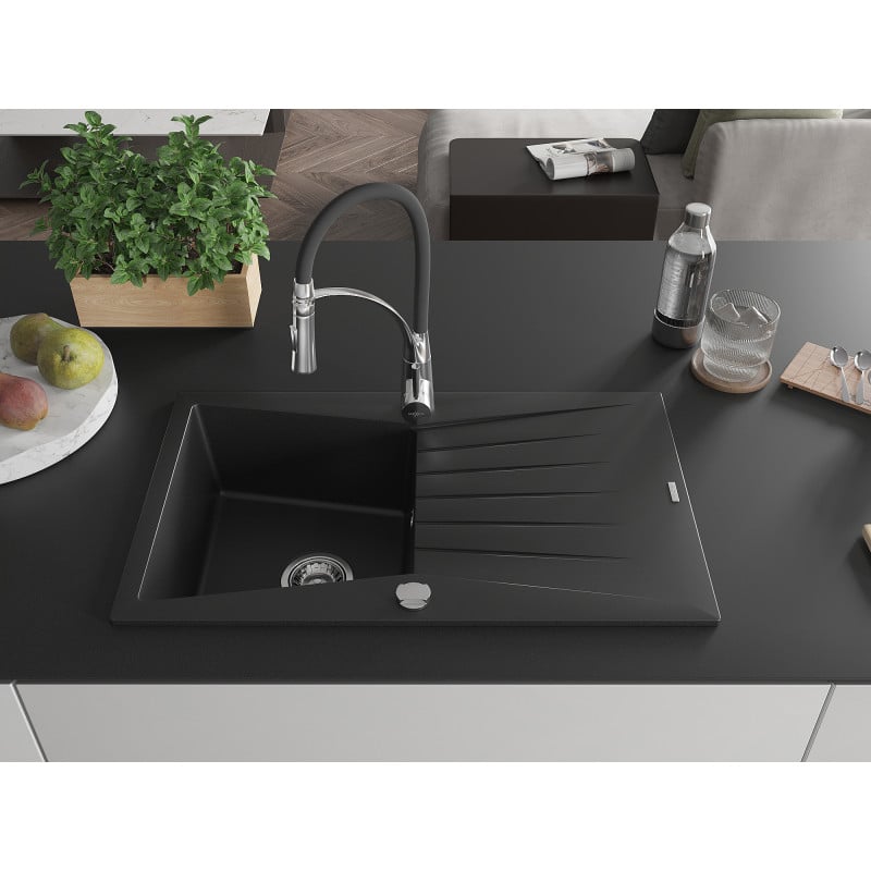Mexen Cesar Granitspüle 1-Becken mit Abtropffläche und Küchenarmatur Aster, schwarz - 6514-77-73450-07