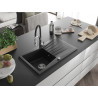 Mexen Cesar Granitspüle 1-Becken mit Abtropffläche und Küchenarmatur Aster, schwarz - 6514-77-73450-07