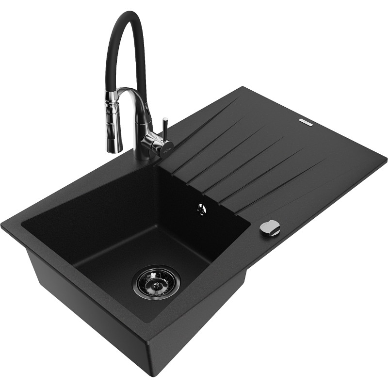 Mexen Cesar Granitspüle einteilig mit Abtropffläche und Küchenarmatur Aster, schwarz - 6514-77-73450-07-B