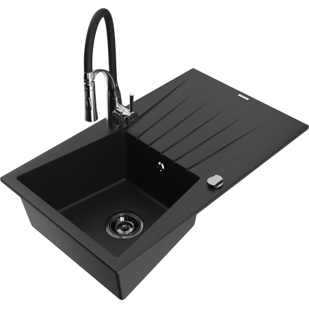 Mexen Cesar Granitspüle 1-becken mit Abtropffläche und Küchenarmatur Aster, schwarz - 6514-77-73450-07-B