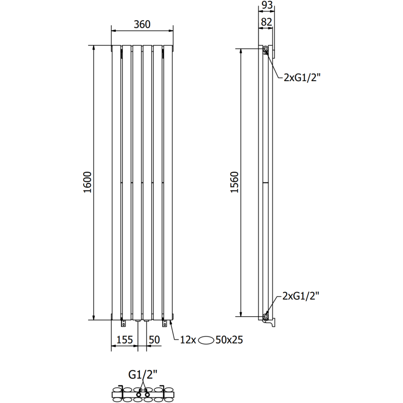 Mexen Dallas dekorativer Heizkörper 1600 x 360 mm, 1039 W, schwarz - W214-1600-360-00-70