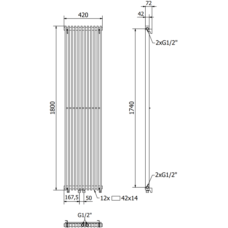 Mexen Kansas dekorativer Heizkörper 1800 x 420 mm, 1242 W, schwarz - W204-1800-420-00-70