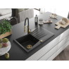 Mexen Cesar Granitspüle 1-Becken mit Abtropffläche und Küchenarmatur Aster, schwarz - 6514-77-73450-57-G