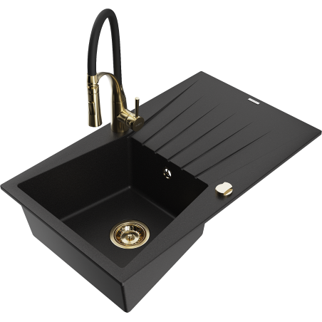 Mexen Cesar Granitspüle 1-Becken mit Abtropffläche und Küchenarmatur Aster, schwarz - 6514-77-73450-57-G