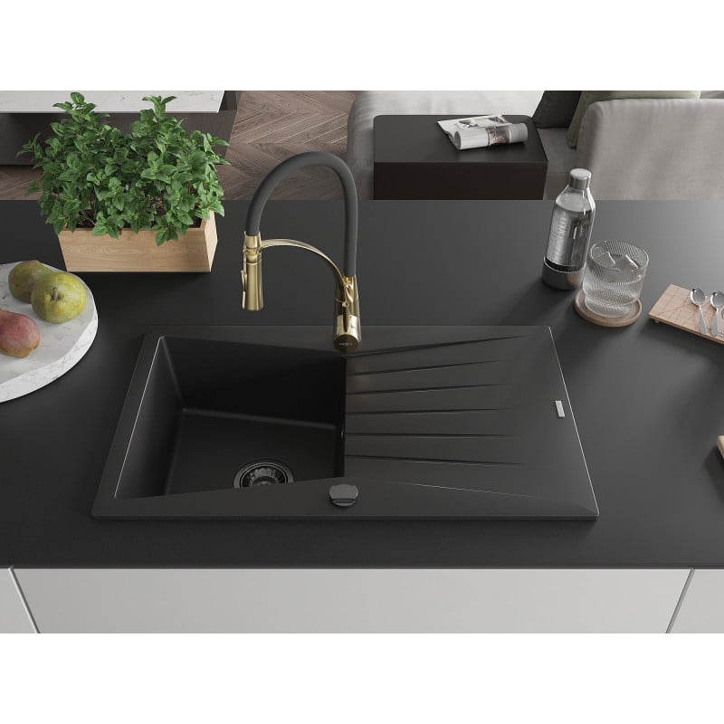 Mexen Cesar Granitspüle 1-Becken mit Abtropffläche und Küchenarmatur Aster, schwarz - 6514-77-73450-57-B
