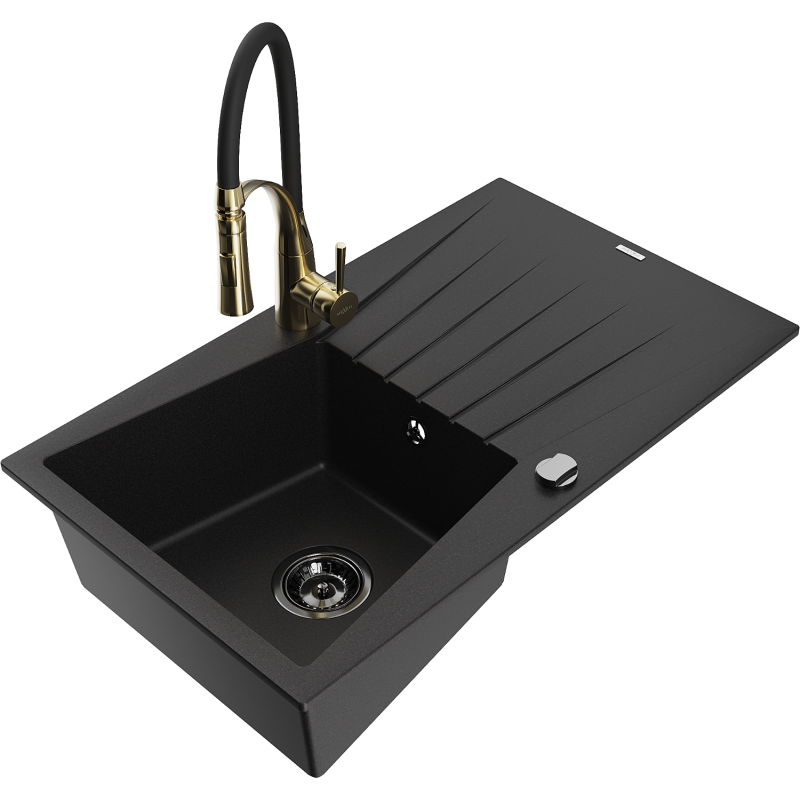 Mexen Cesar Granitspüle 1-Becken mit Abtropffläche und Küchenarmatur Aster, schwarz - 6514-77-73450-57-B