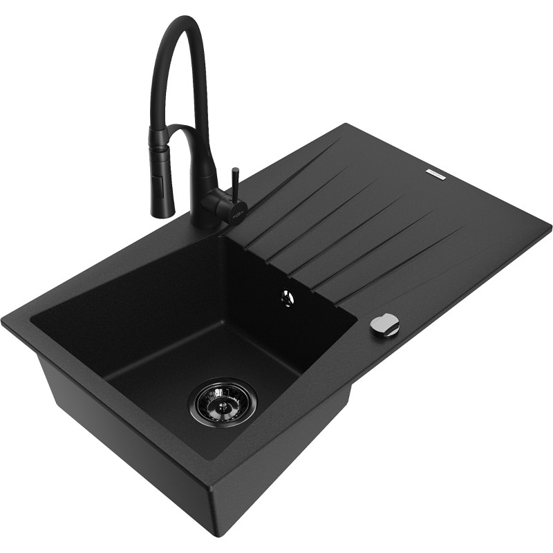 Mexen Cesar Granitspüle 1-Becken mit Abtropffläche und Küchenarmatur Aster, schwarz - 6514-77-73450-70-B