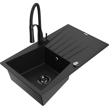 Mexen Cesar Granitspüle 1-Becken mit Abtropffläche und Küchenarmatur Aster, schwarz - 6514-77-73450-70-B