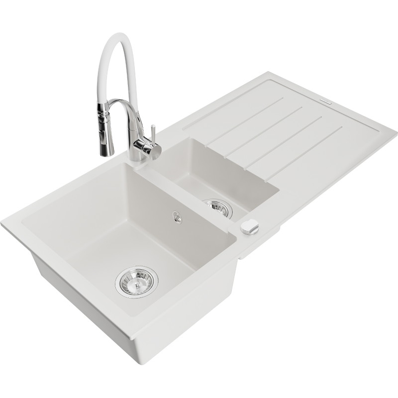 Mexen Andres Granitspüle 1,5-Becken mit Abtropffläche und Küchenarmatur Aster, weiß - 6515-20-73450-02