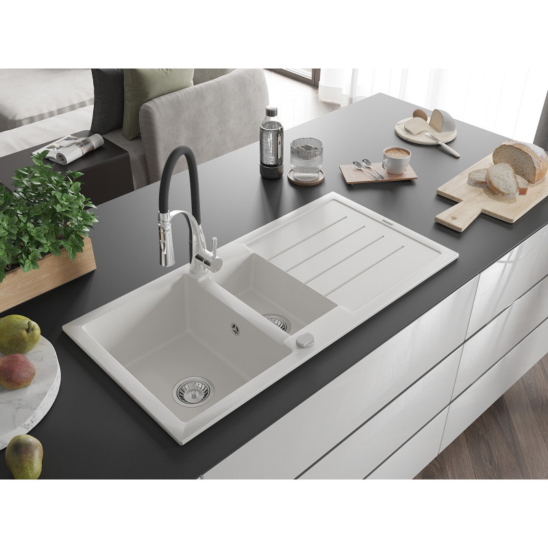 Mexen Andres granitspüle 1,5-becken mit abtropffläche und küchenarmatur Aster, weiß - 6515-20-73450-07