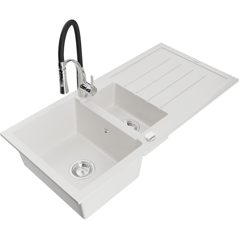 Mexen Andres granitspüle 1,5-becken mit abtropffläche und küchenarmatur Aster, weiß - 6515-20-73450-07