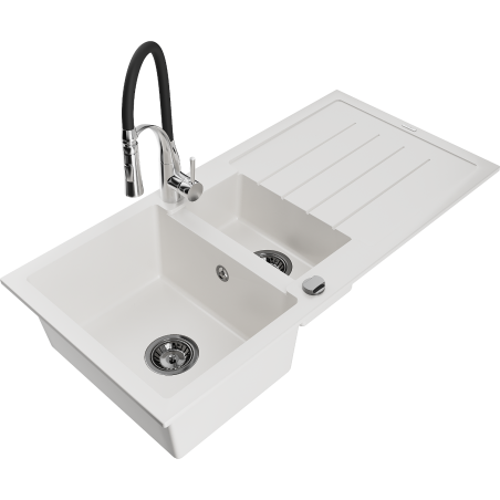 Mexen Andres Granitspüle 1,5-Becken mit Abtropffläche und Küchenarmatur Aster, weiß - 6515-20-73450-07-B