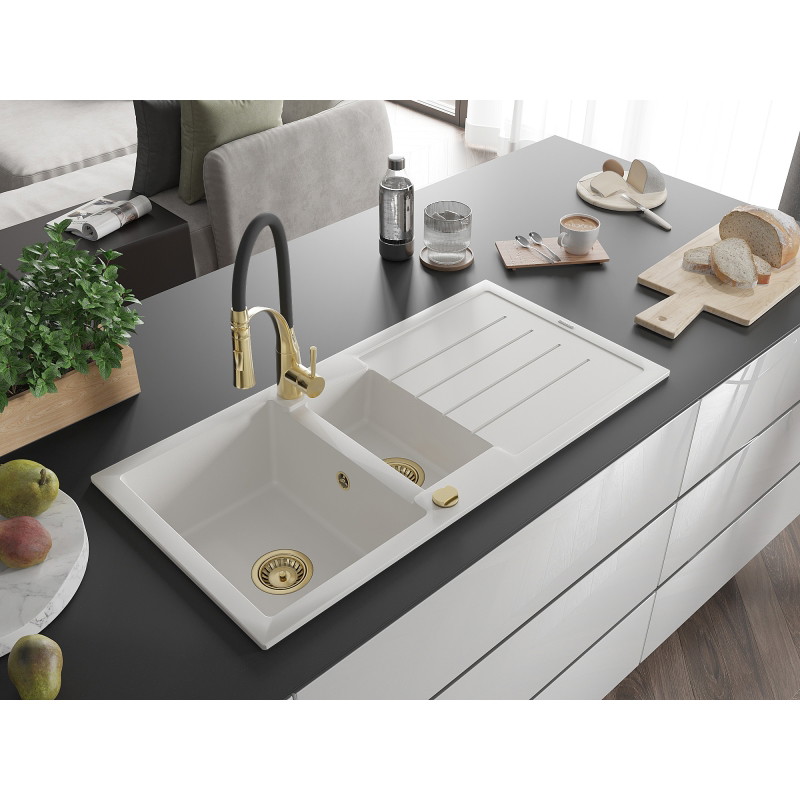 Mexen Andres 1,5-Kammer-Granitspüle mit Abtropffläche und Küchenarmatur Aster, weiß - 6515-20-73450-57-G