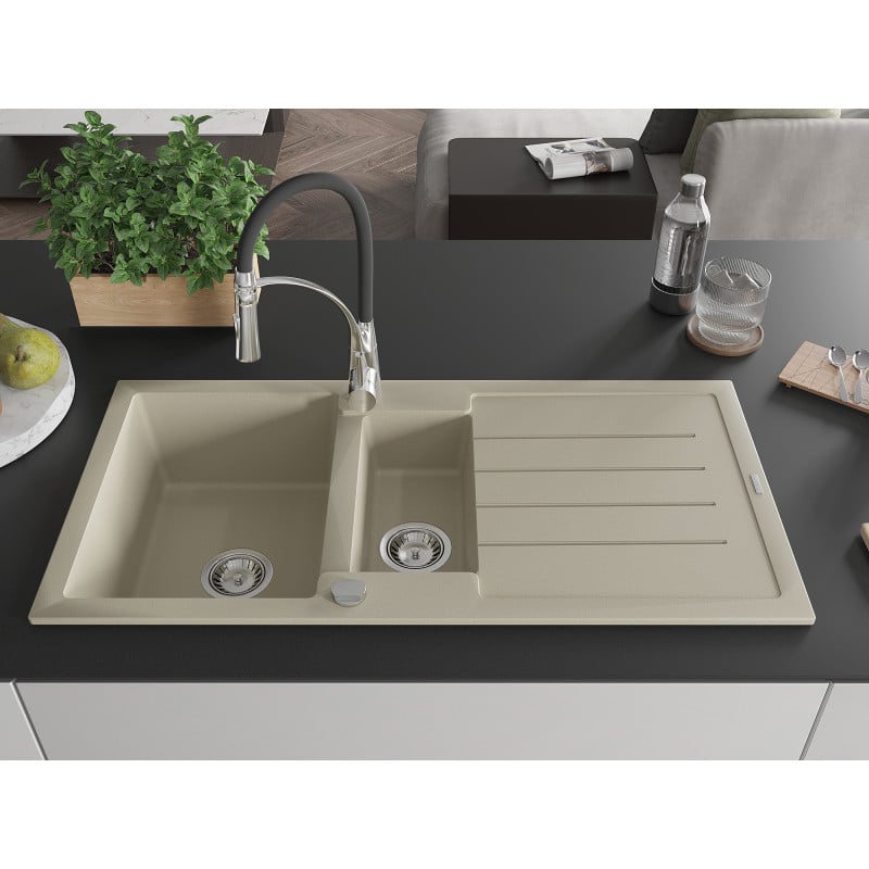 Mexen Andres Granitspüle 1,5-Becken mit Abtropffläche und Küchenarmatur Aster, beige - 6515-69-73450-07