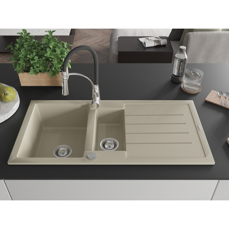 Mexen Andres Granitspüle 1,5-Kammer mit Abtropffläche und Küchenarmatur Aster, beige - 6515-69-73450-07