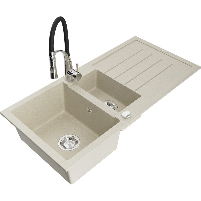 Mexen Andres Granitspüle 1,5 Schüssel mit Abtropffläche und Küchenarmatur Aster, beige - 6515-69-73450-07