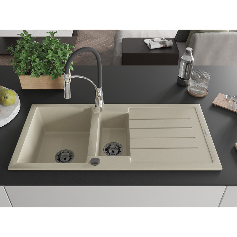 Mexen Andres Granitspüle 1,5-Becken mit Abtropffläche und Küchenarmatur Aster, beige - 6515-69-73450-07-B