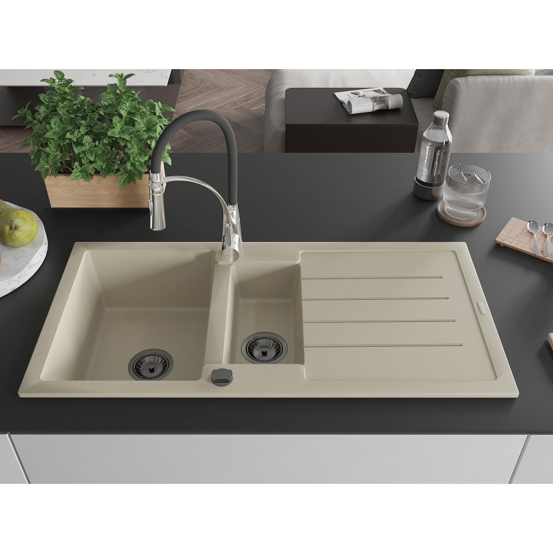 Mexen Andres granitspüle 1,5-fach mit abtropffläche und küchenarmatur Aster, beige - 6515-69-73450-07-B