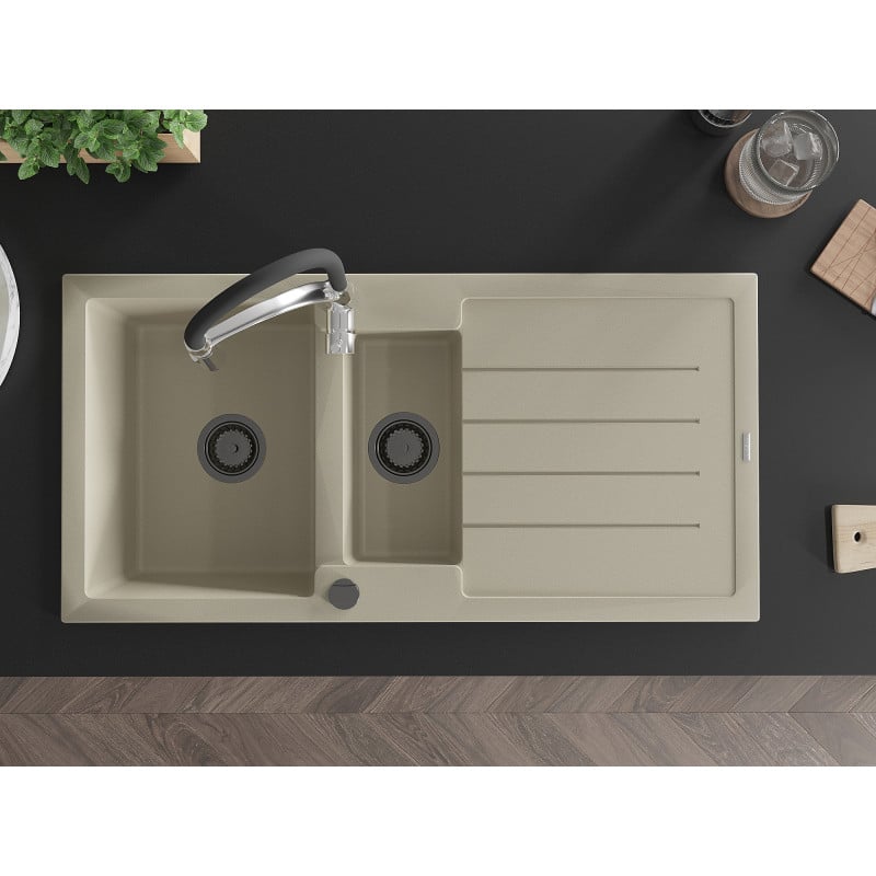 Mexen Andres Granitspüle 1,5-Becken mit Abtropffläche und Küchenarmatur Aster, beige - 6515-69-73450-07-B
