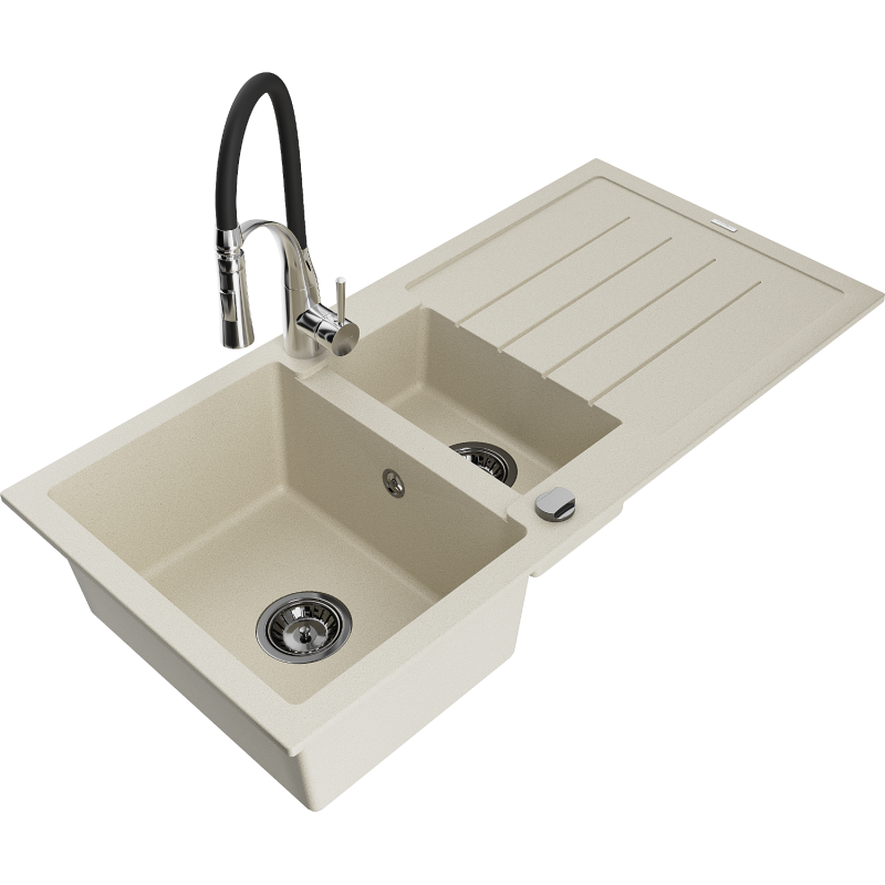 Mexen Andres Granitspüle 1,5-Becken mit Abtropffläche und Küchenarmatur Aster, beige - 6515-69-73450-07-B