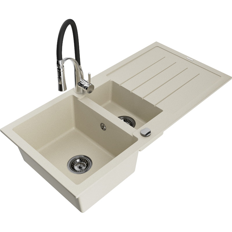 Mexen Andres granitspüle 1,5-fach mit abtropffläche und küchenarmatur Aster, beige - 6515-69-73450-07-B